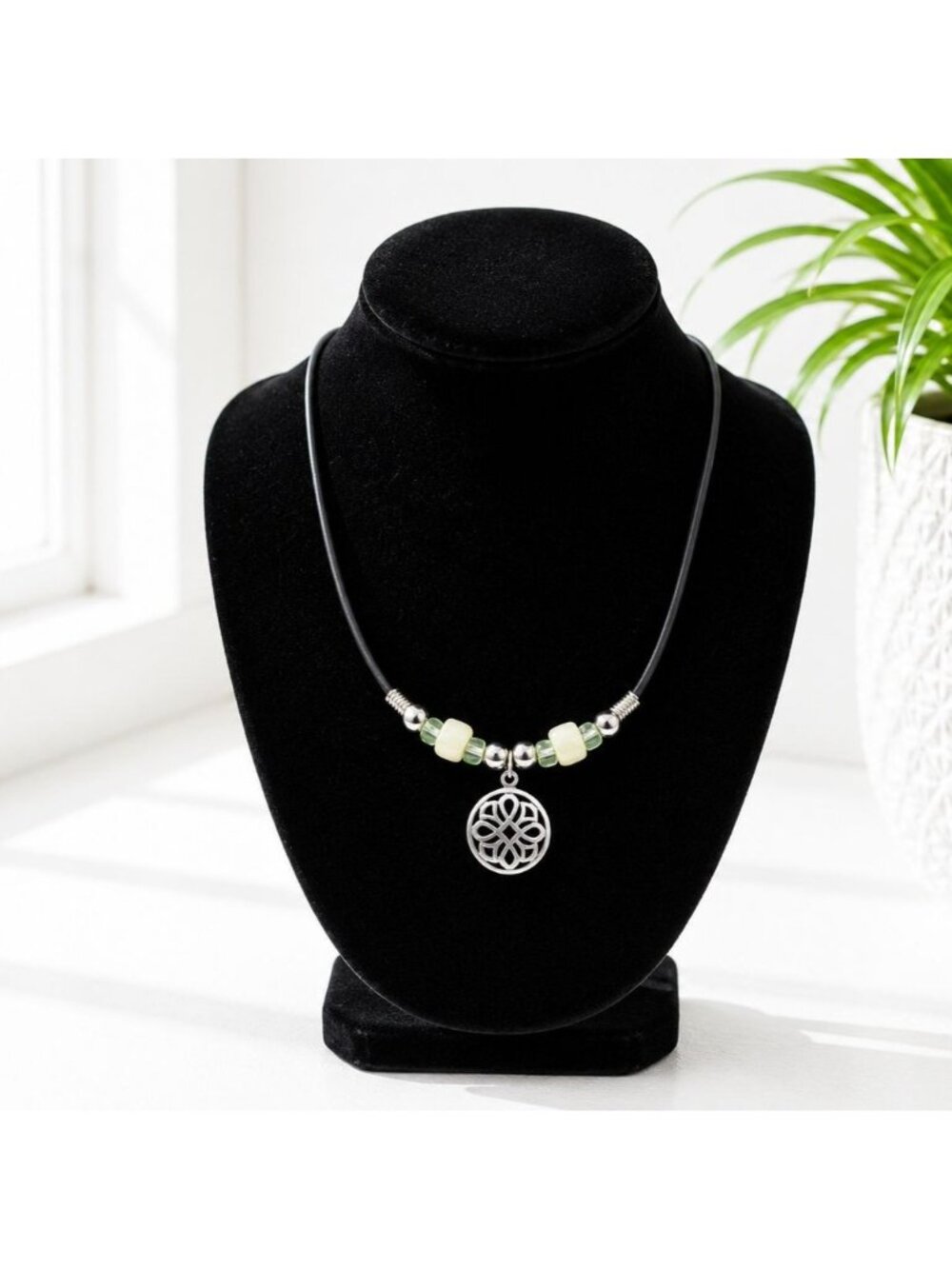 Celtic-Inspired Pendant Necklace With Beads On Black Cord Lobster Clasp Closure